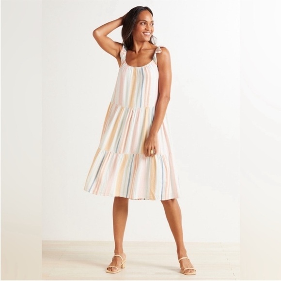 Rails Capri Melon Stripe Linen Blend Tiered Layered Midi Dress M - Picture 1 of 8